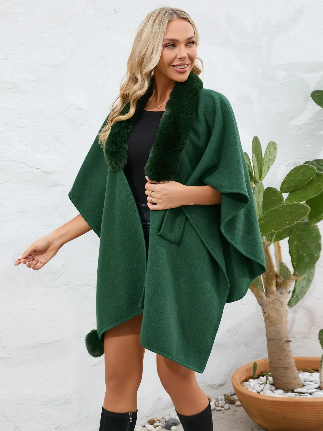 Fuzzy Trim Open Front Poncho