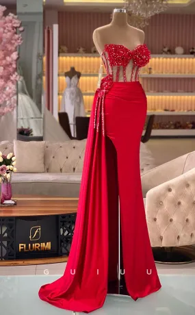 G2800 - Sexy & Fitted Strapless Illusion Floral Embossed Red Prom Evening Dress