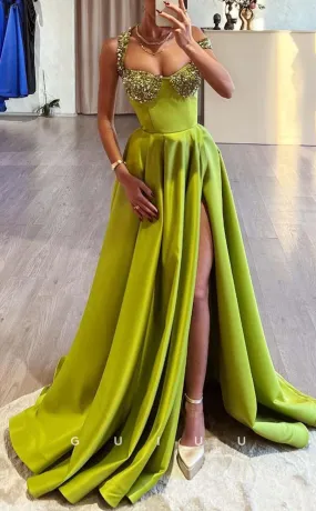 G3172 - A-Line Off-Shoulder Sweetheart Green Long Evening Prom Dresses