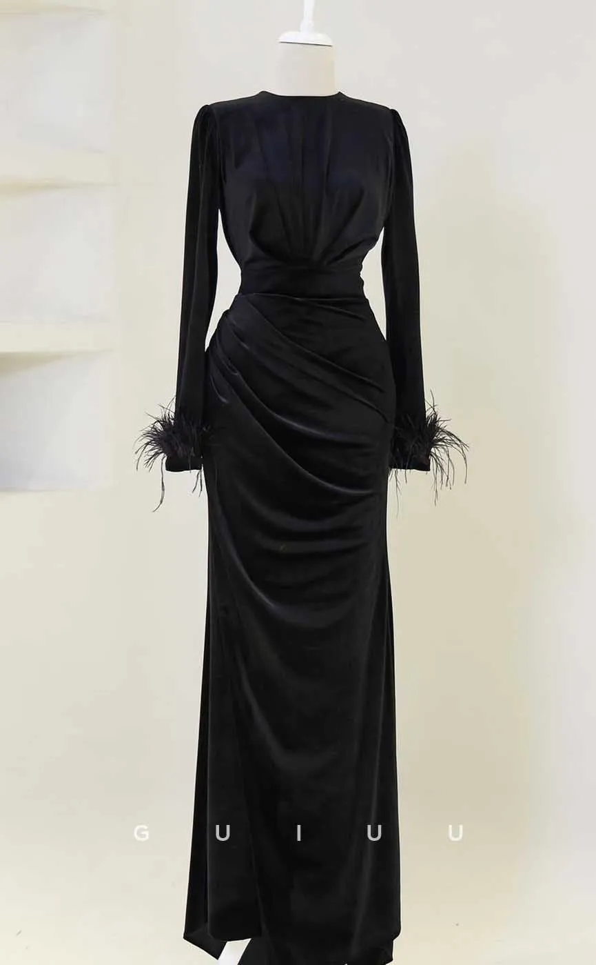 G3966 - Classic & Timeless Sheath Scoop Draped Floor-Length Formal Party Prom Dress with Long Sleeves and Feather