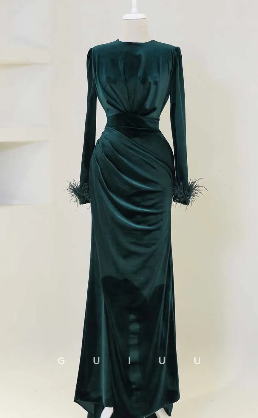 G3966 - Classic & Timeless Sheath Scoop Draped Floor-Length Formal Party Prom Dress with Long Sleeves and Feather