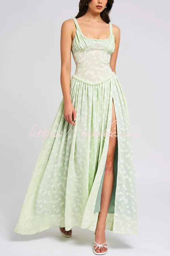 Garden Elf Lace Jacquard Textured Square Neck High Slit Maxi Dress