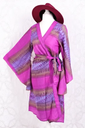 Gemini Bell Sleeve Midi Kimono/Dress - Sheer Orchid & Lilac Floral Vintage Sari - Size M/L