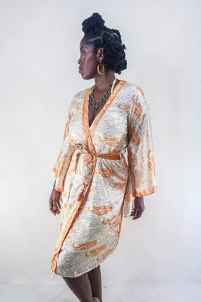 Gemini Kimono - Ivory & Soft Orange Botanical - Vintage Indian Sari - Size M/L