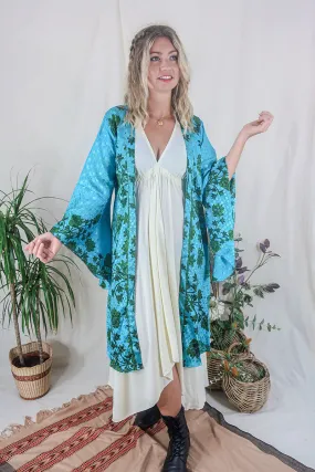 Gemini Kimono - Moss Green & Turquoise Paisley Floral - Vintage Indian Sari - Size XS