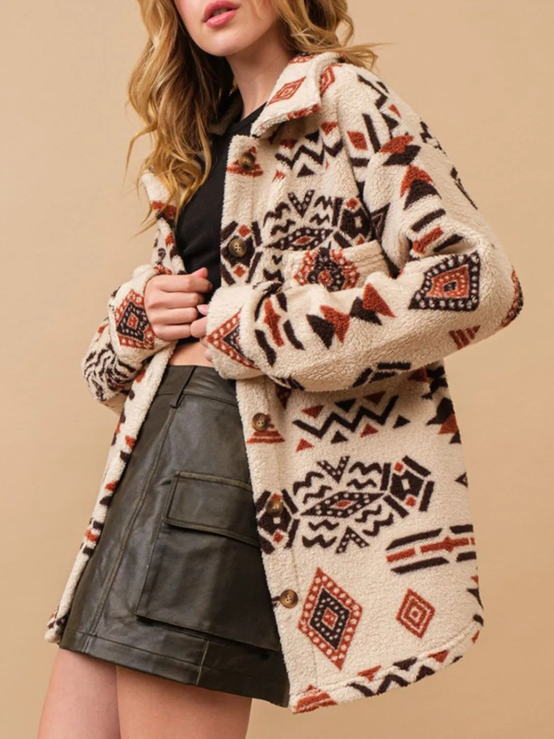 Geometric Button Up Long Sleeve Sherpa Jacket