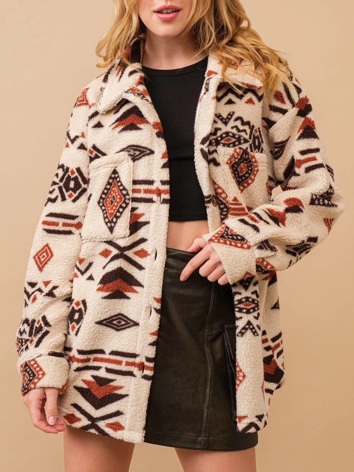 Geometric Button Up Long Sleeve Sherpa Jacket