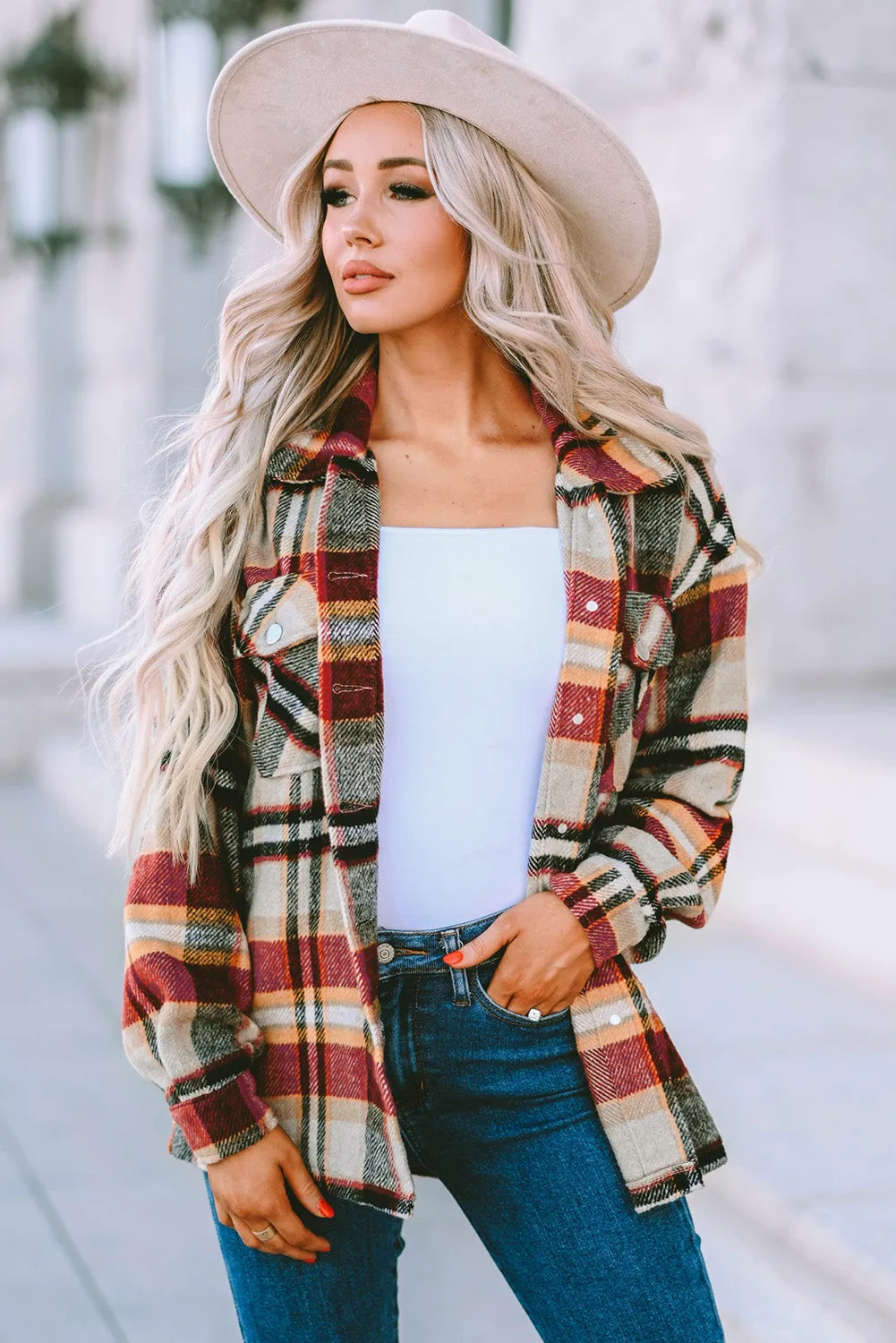 Geometric Plaid Print Pocketed Shirt