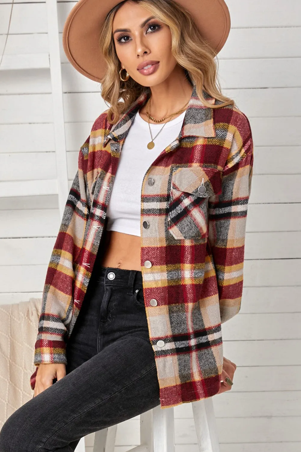 Geometric Plaid Print Pocketed Shirt