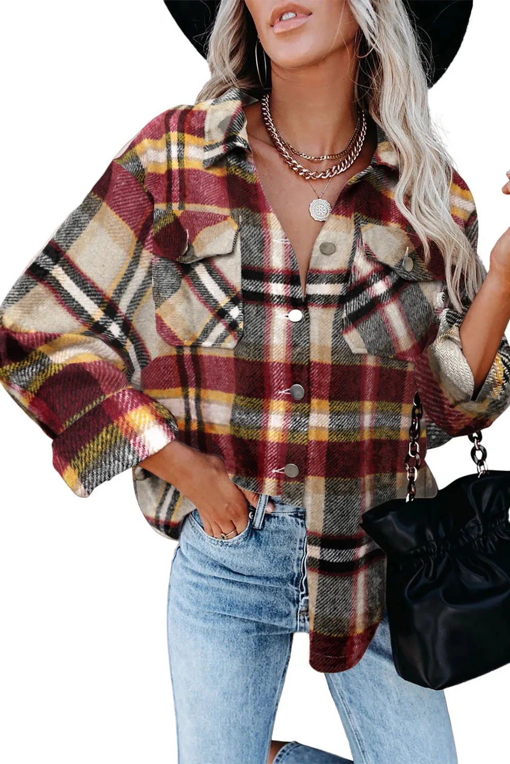 Geometric Plaid Print Pocketed Shirt