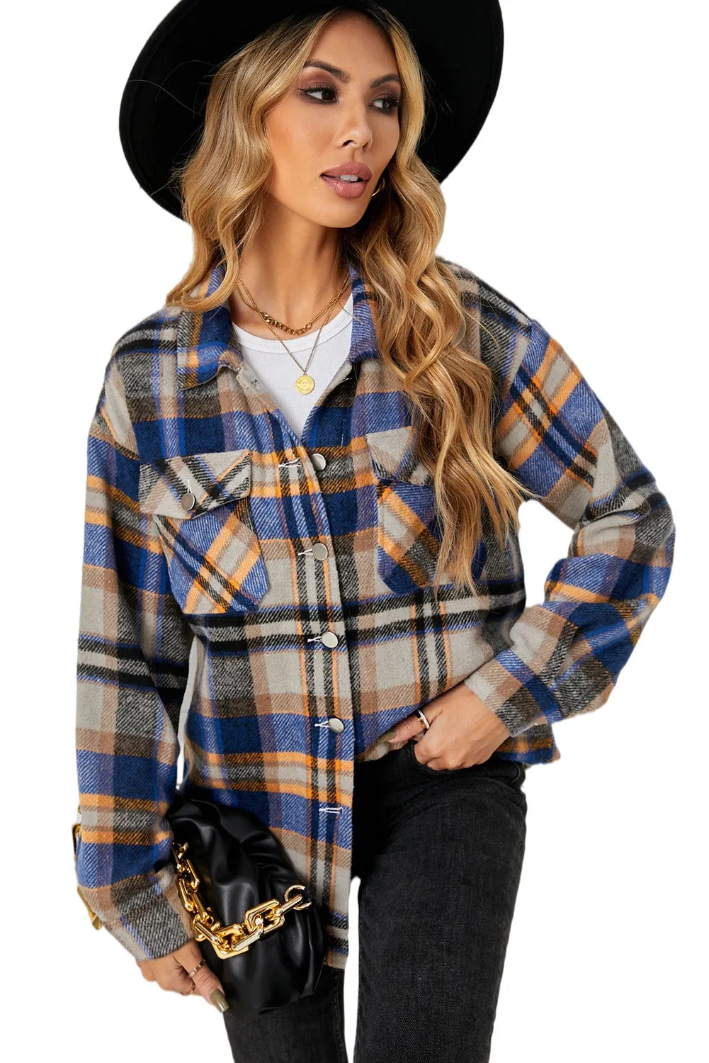 Geometric Plaid Print Pocketed Shirt