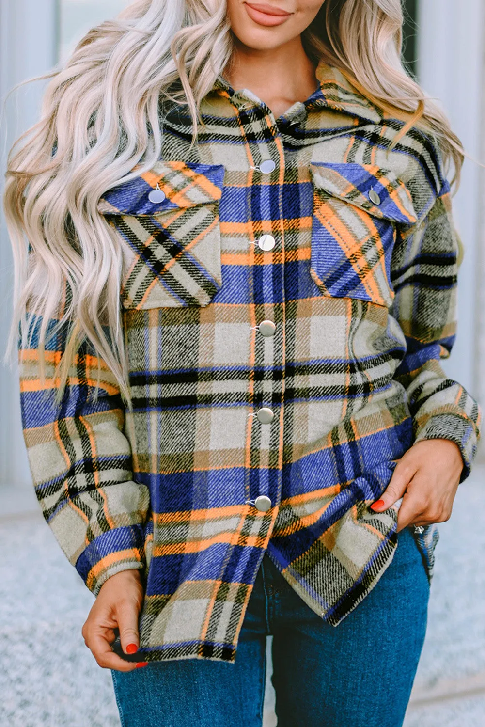 Geometric Plaid Print Pocketed Shirt