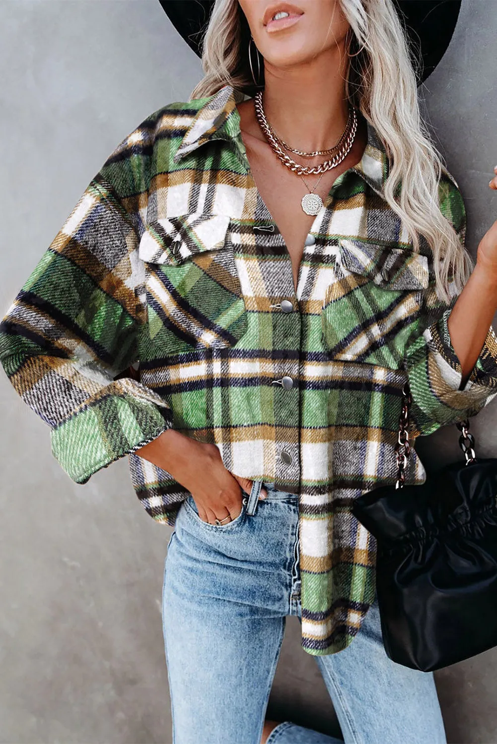 Geometric Plaid Print Pocketed Shirt