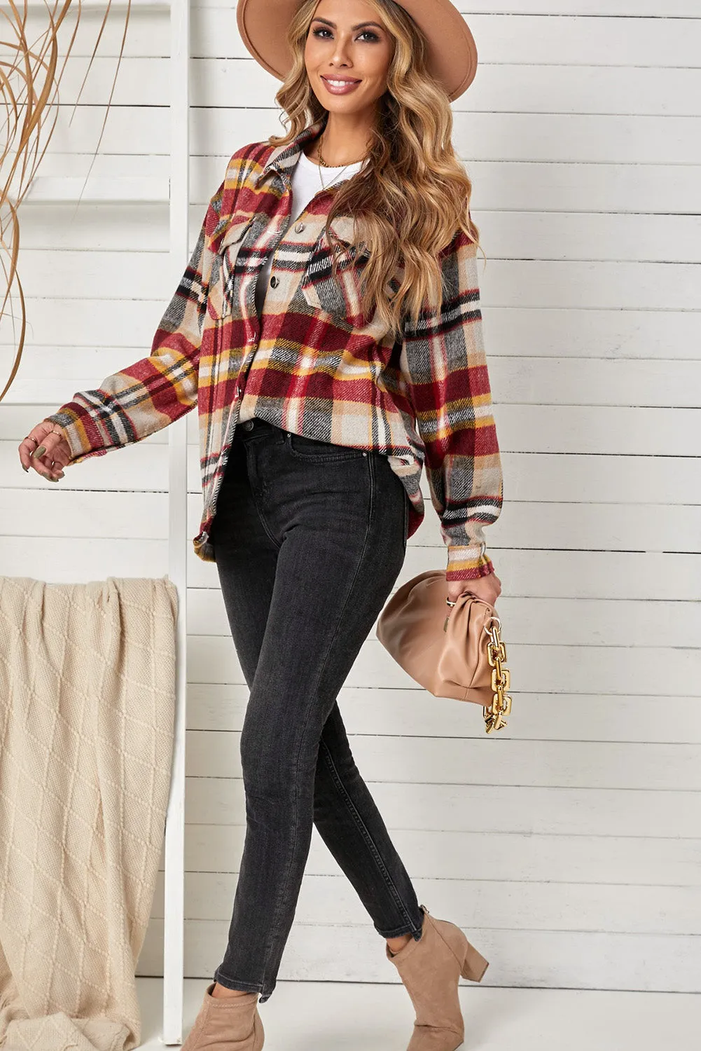 Geometric Plaid Print Pocketed Shirt