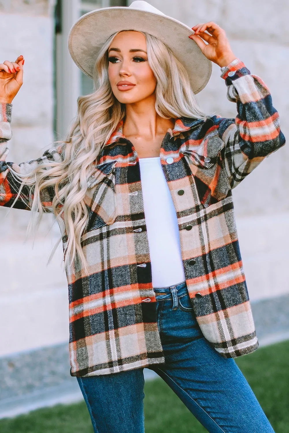 Geometric Plaid Print Pocketed Shirt