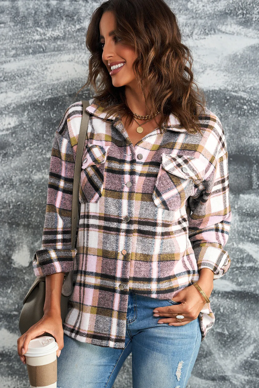 Geometric Plaid Print Pocketed Shirt