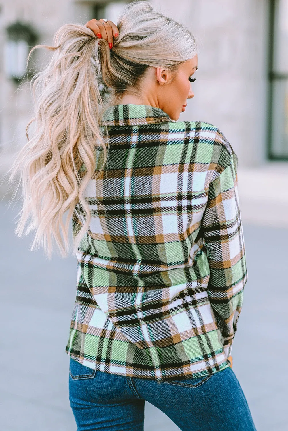 Geometric Plaid Print Pocketed Shirt