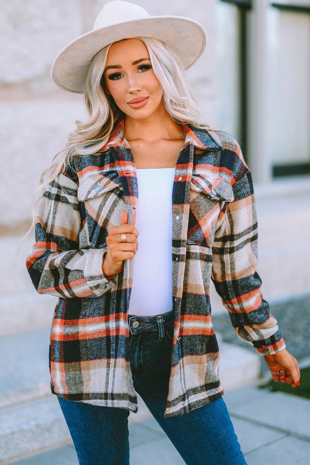 Geometric Plaid Print Pocketed Shirt