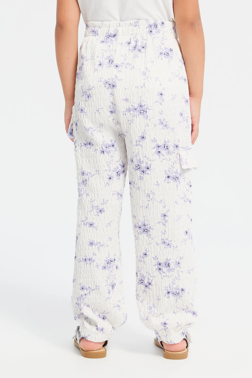 Girls Lilac Printed Textured Joggers With Pockets