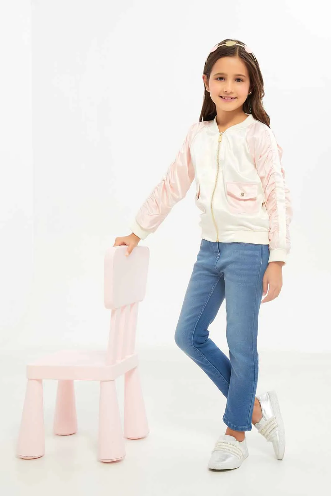 Girls Pink Embellished Bomber Jacket