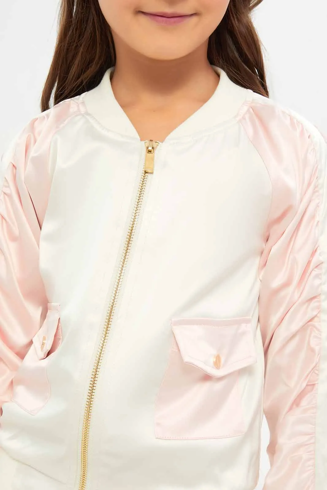 Girls Pink Embellished Bomber Jacket