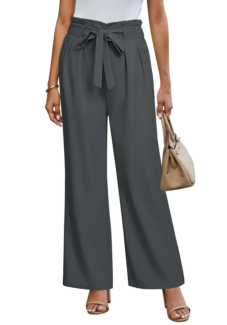 Gray Women's Brief Elastic Waist High Waisted Wide Leg Pant with Belt