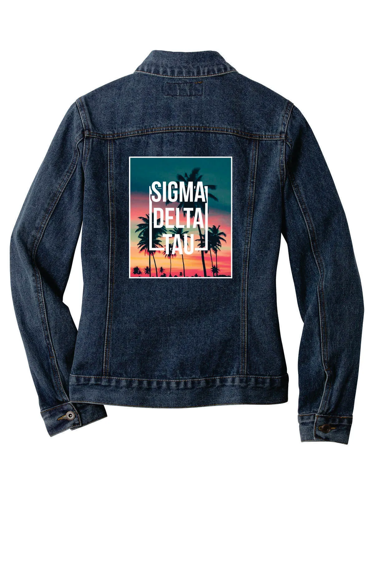 Greek Stonewashed Indigo Denim Jacket, Printed Sunset Palm Tree Design - Port Authority J7620 - DTG