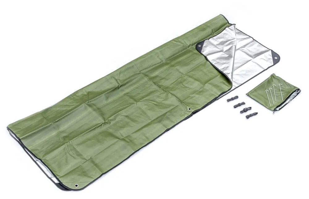 Green Double-Sided Thermal Reflective Tarp Kit, 60" x 82", Pegs and Paracords Included