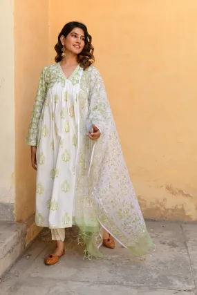 Hand Block Printed V-Neck Green Suit Set