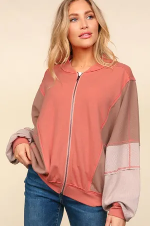 Haptics Zip Up Color Block Bomber Jacket with Side Pockets