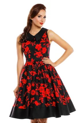 Hazel vintage Inspired Swing Dress in Black-Red Floral