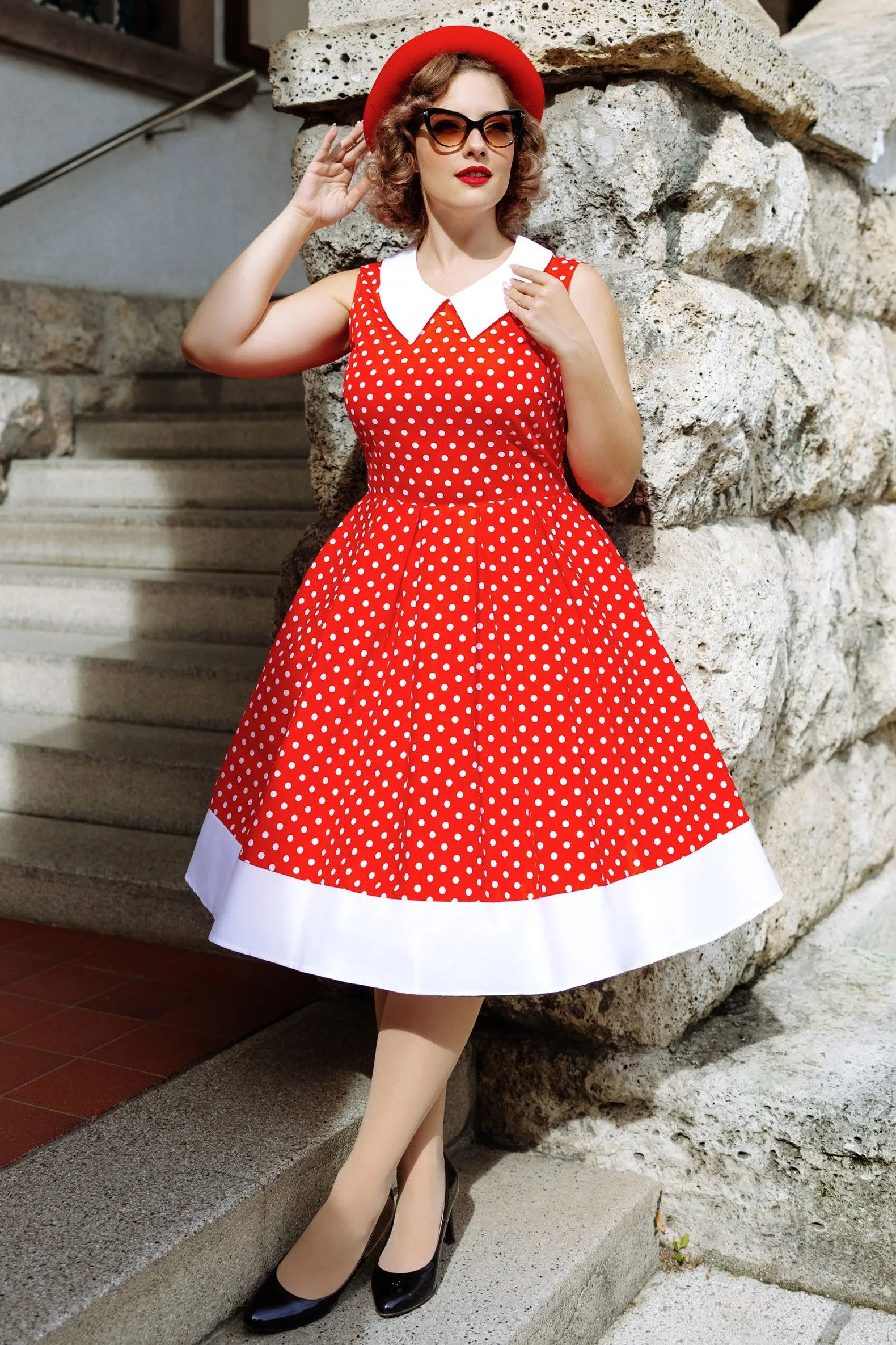 Hazel vintage Inspired Swing Dress in Red Polka Dot