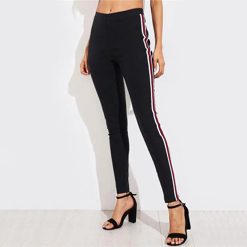 High Waist Side Striped Skinny Pants