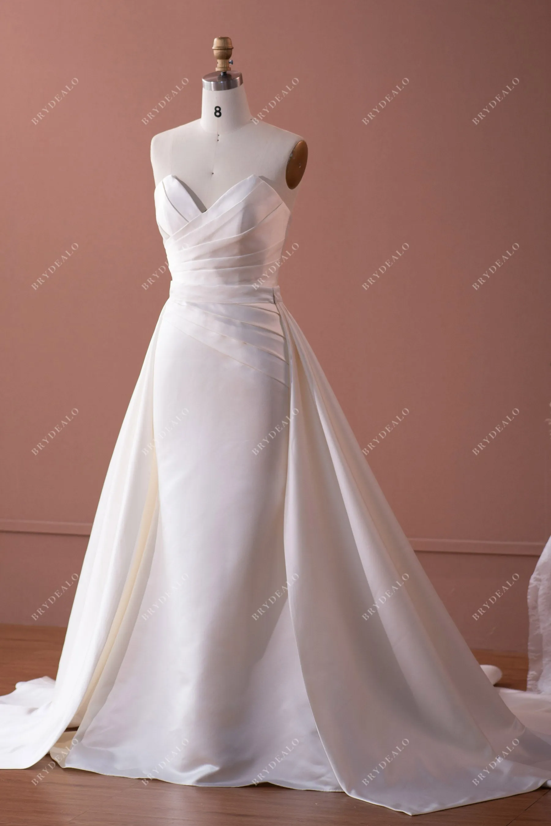 Ivory Classic Pleated V-cut Neck Satin Mermaid Bridal Gown with Overskirt