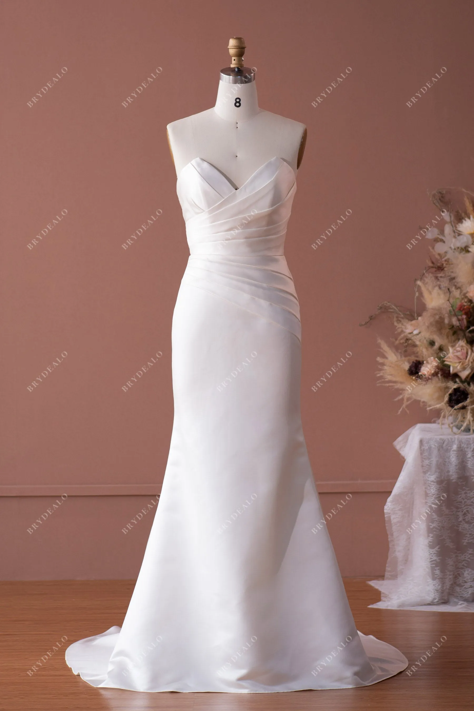 Ivory Classic Pleated V-cut Neck Satin Mermaid Bridal Gown with Overskirt