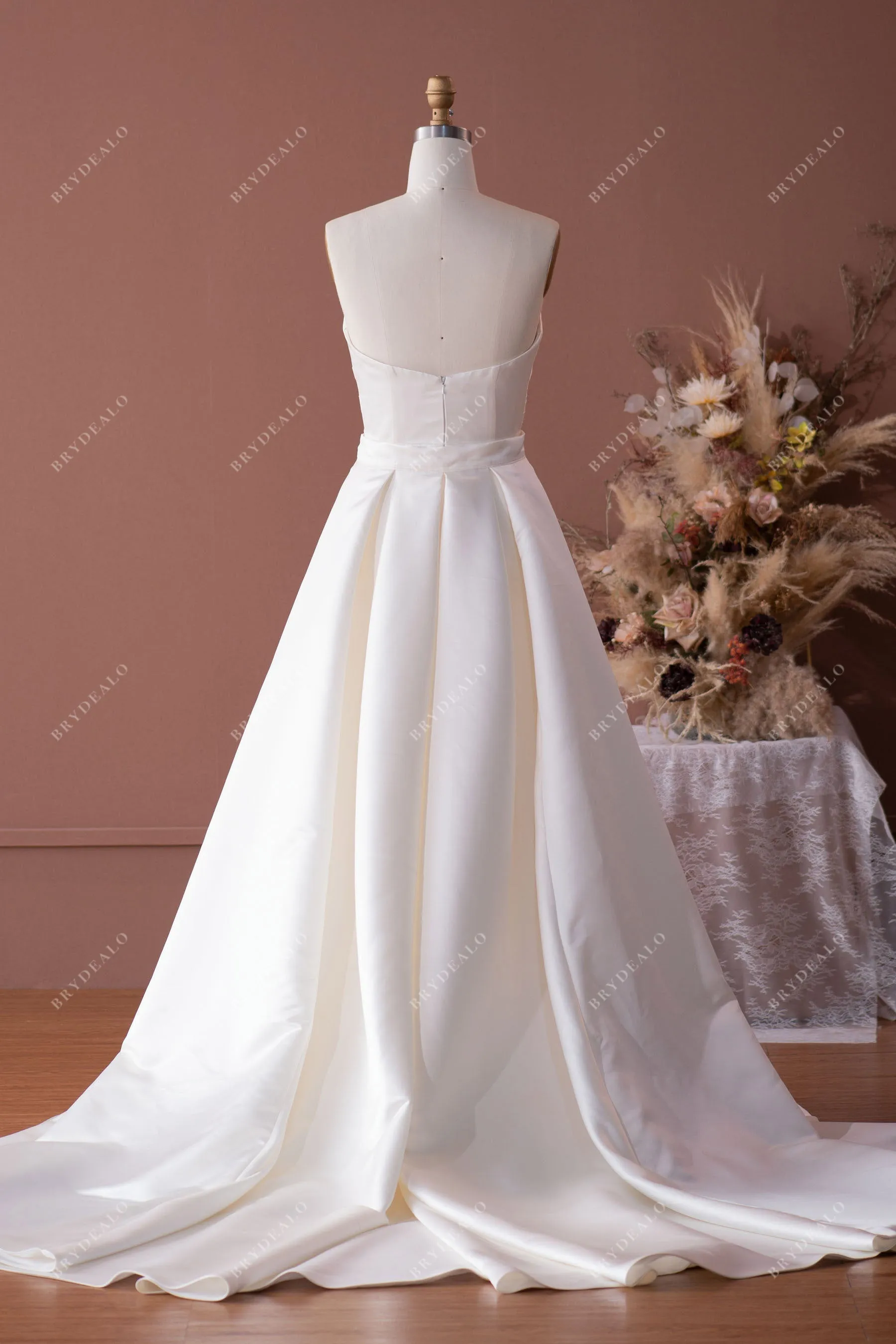 Ivory Classic Pleated V-cut Neck Satin Mermaid Bridal Gown with Overskirt