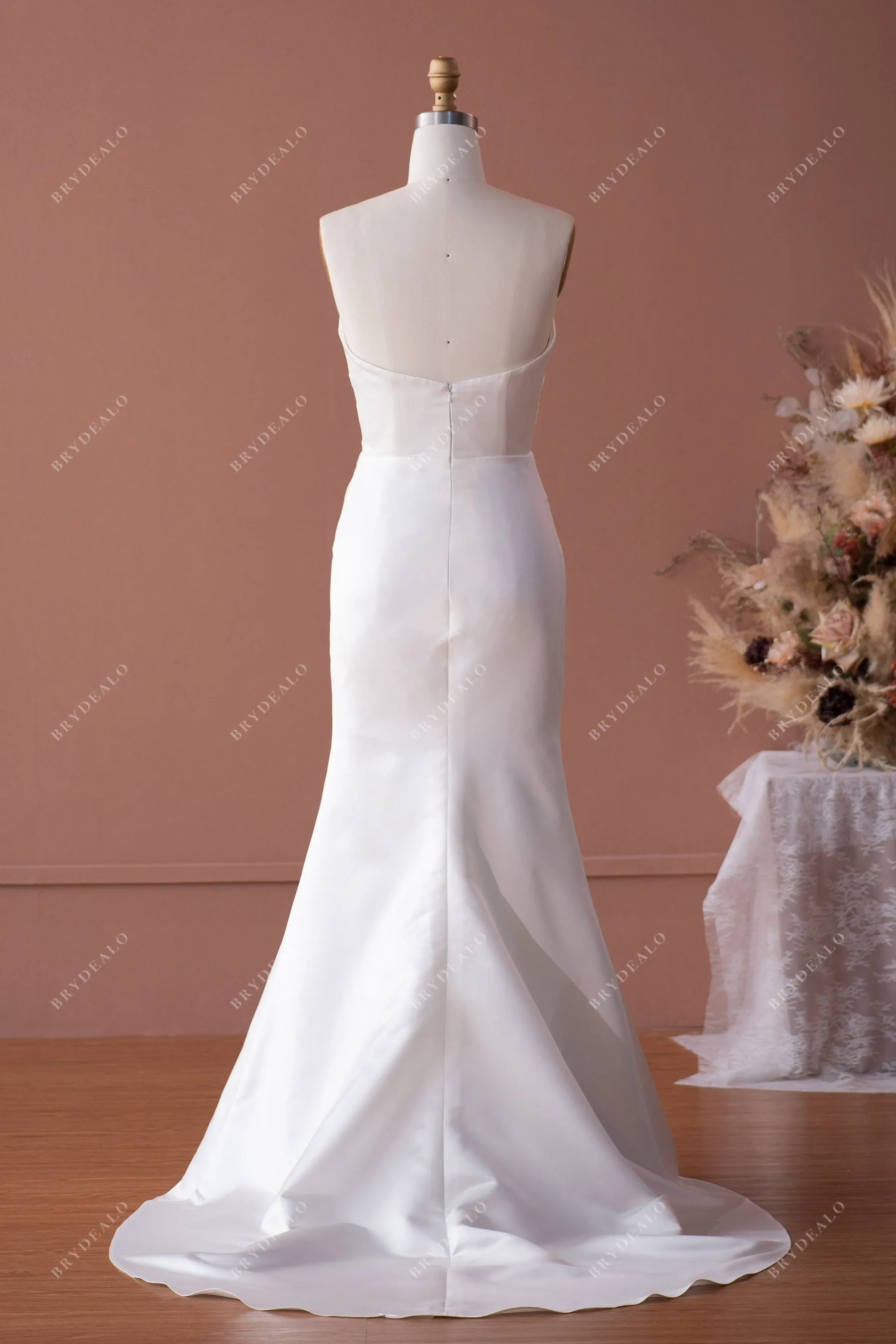 Ivory Classic Pleated V-cut Neck Satin Mermaid Bridal Gown with Overskirt