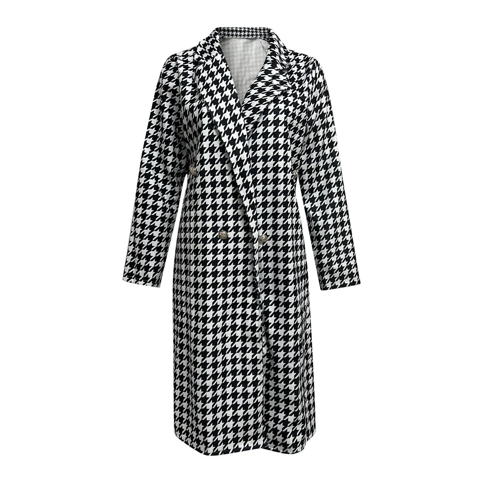 JuliaFashion - Wool Blends Houndstooth Long Woolen Jacket 2024 Autumn Winter Fashion Elegant Trench Coat Office Lady Casual Streetwear Dress