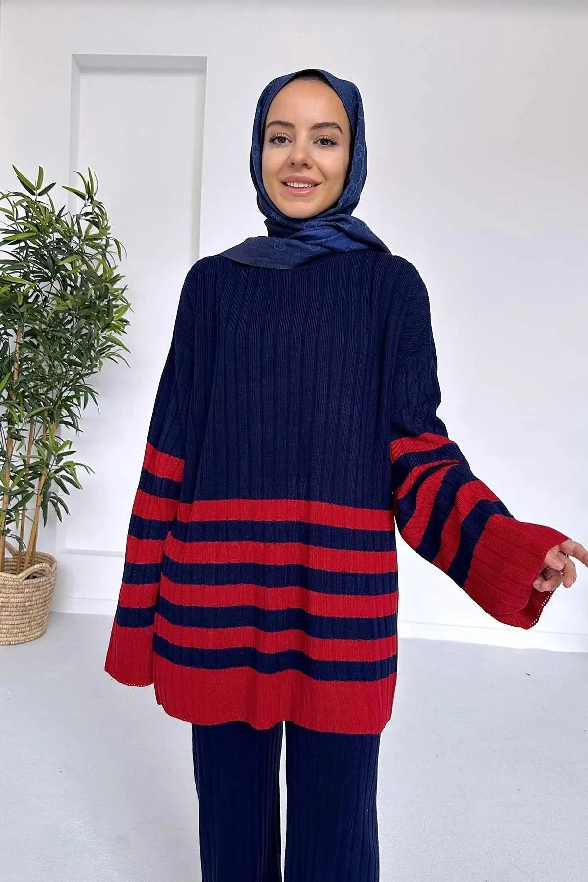 Ka Hijab Women's Double Color Striped Knitwear Set Hijabs