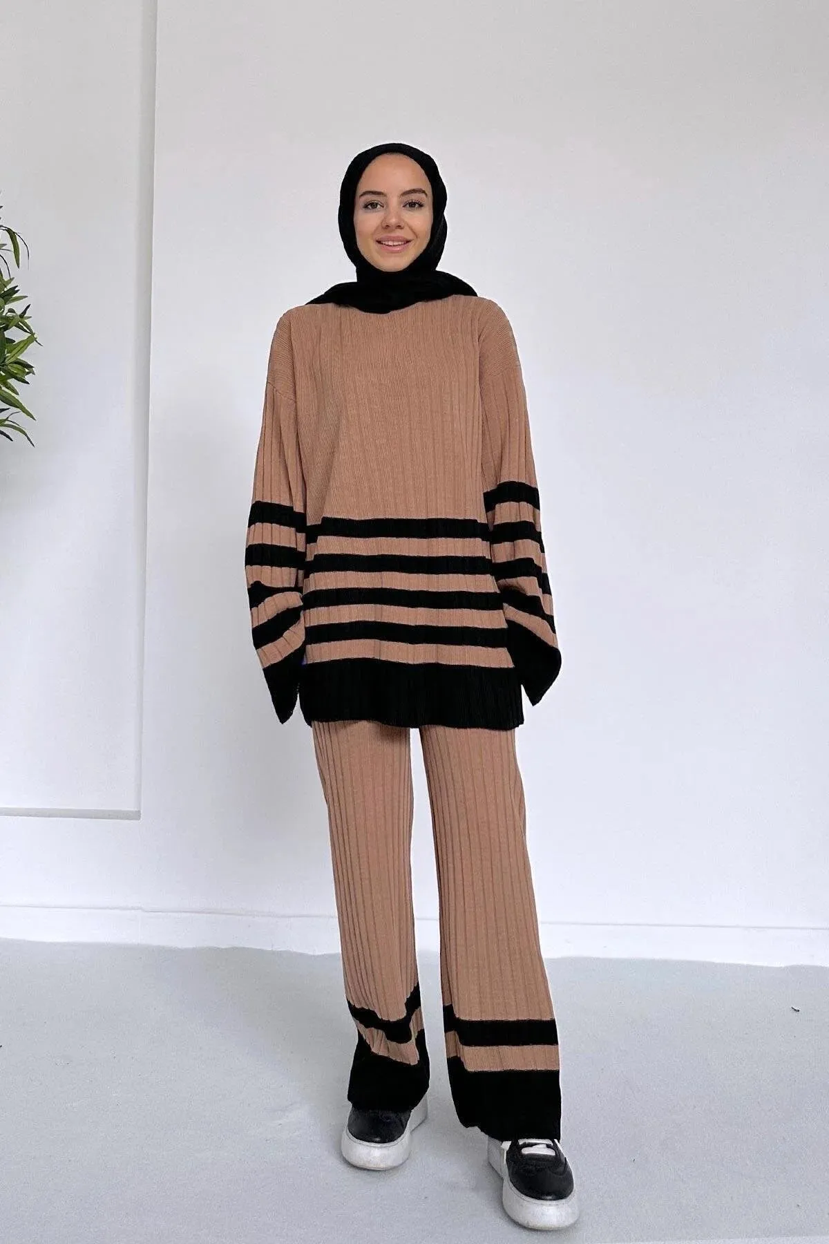 Ka Hijab Women's Double Color Striped Knitwear Set Hijabs