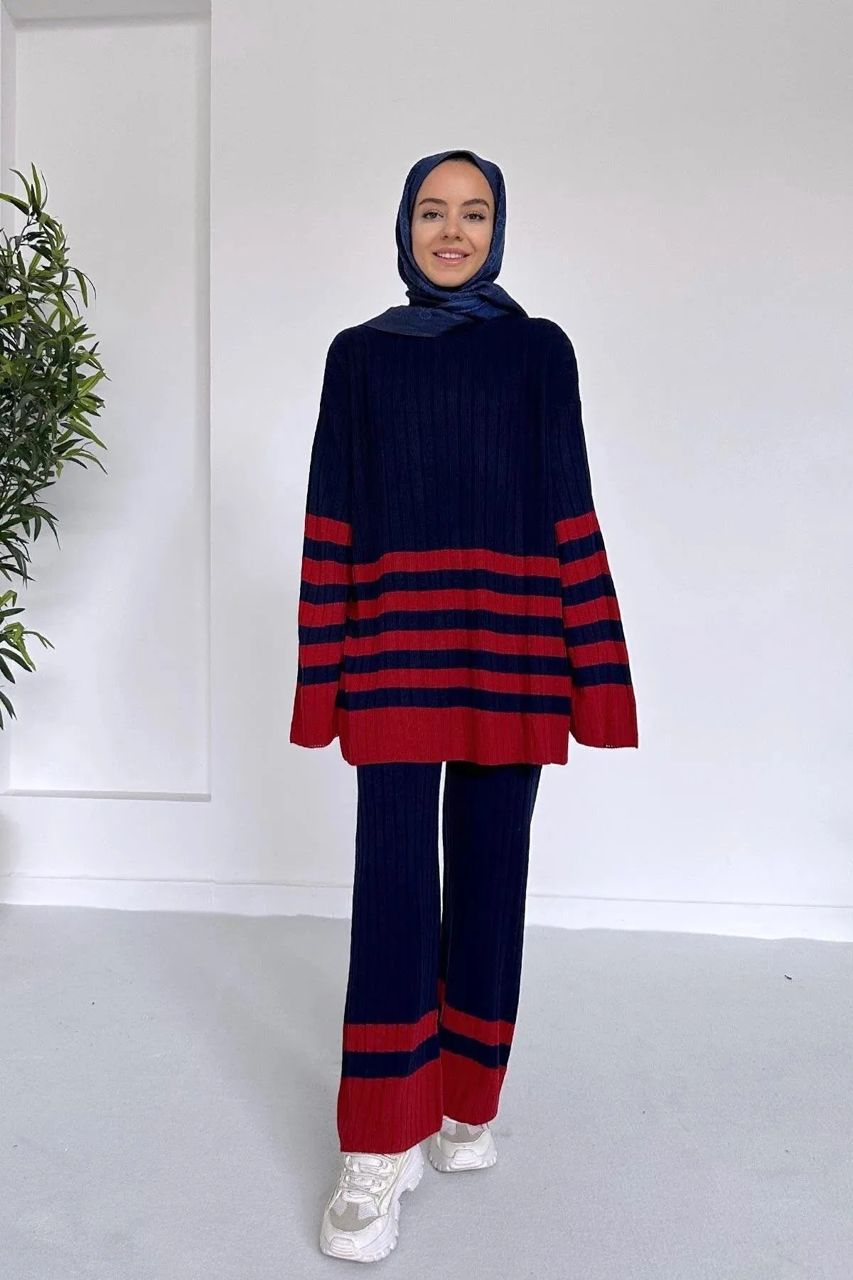 Ka Hijab Women's Double Color Striped Knitwear Set Hijabs