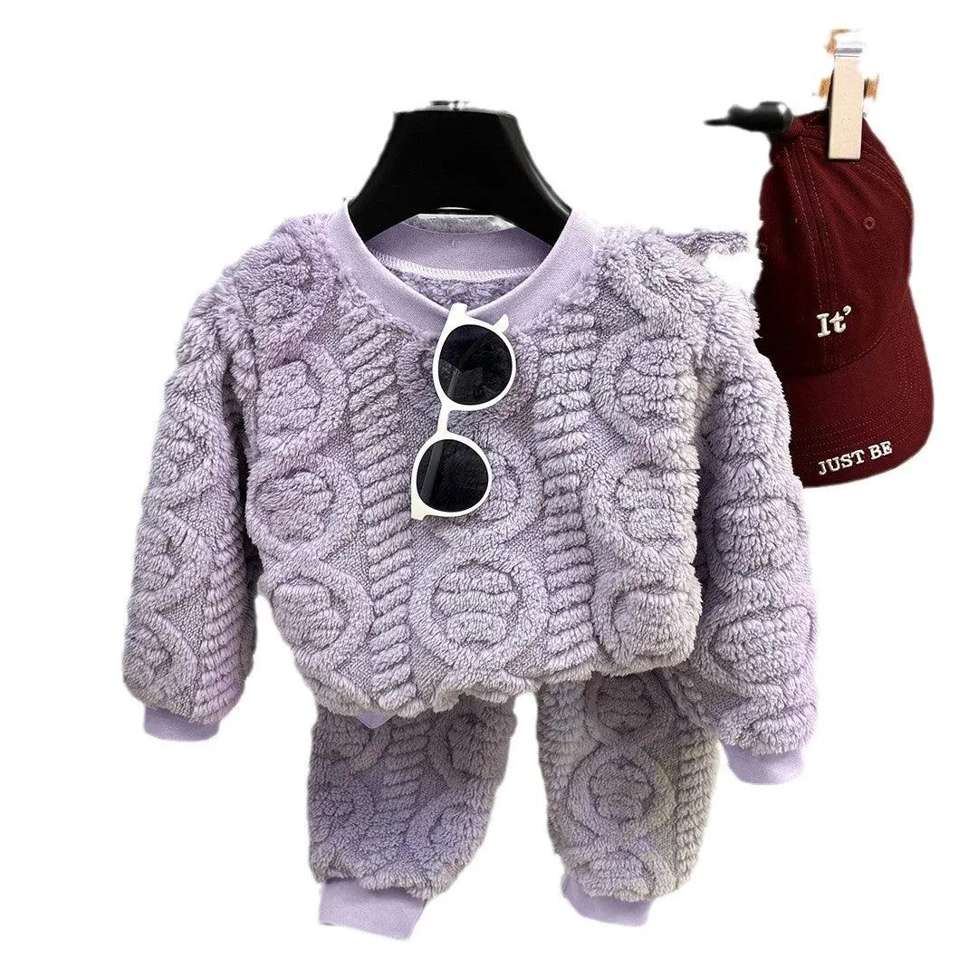 Korean Cozy Fleece Pajama Set – Solid Color Winter PJs for Kids