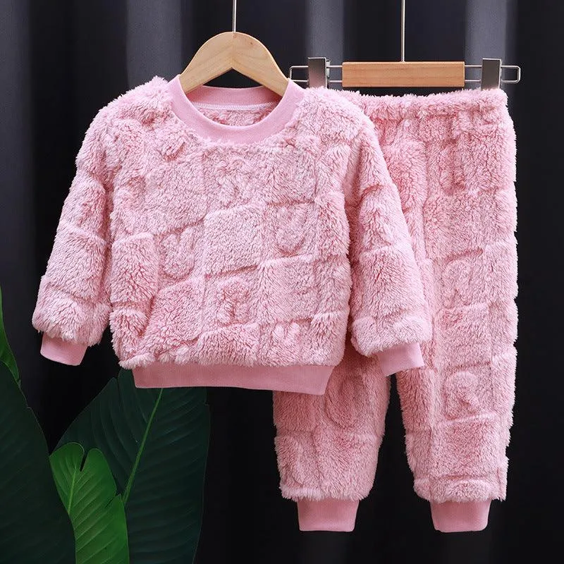 Korean Cozy Fleece Pajama Set – Solid Color Winter PJs for Kids