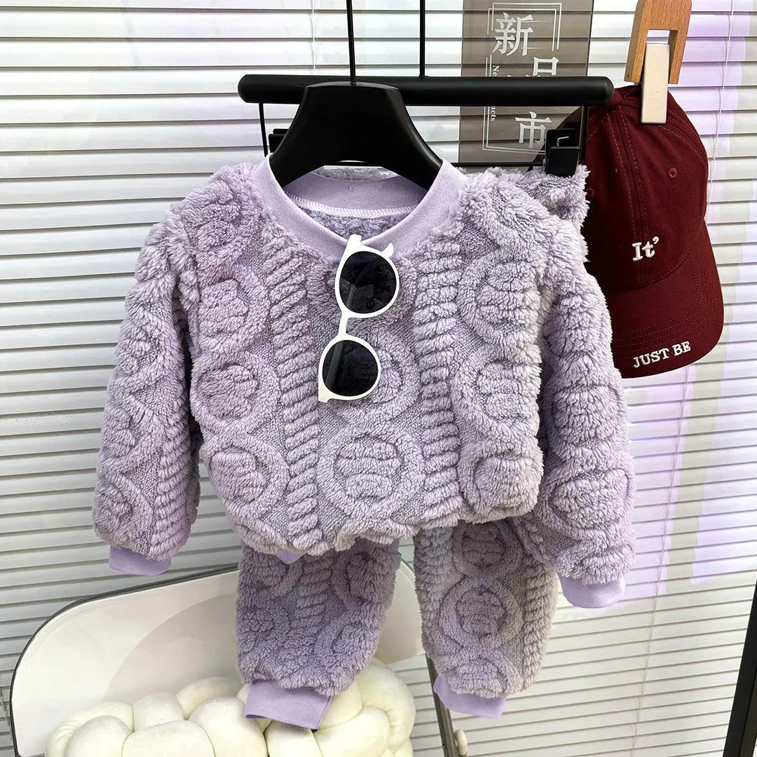 Korean Cozy Fleece Pajama Set – Solid Color Winter PJs for Kids