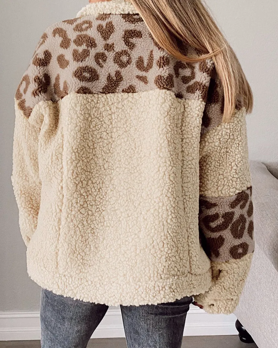 Leopard Sherpa Snap Buttons Jacket