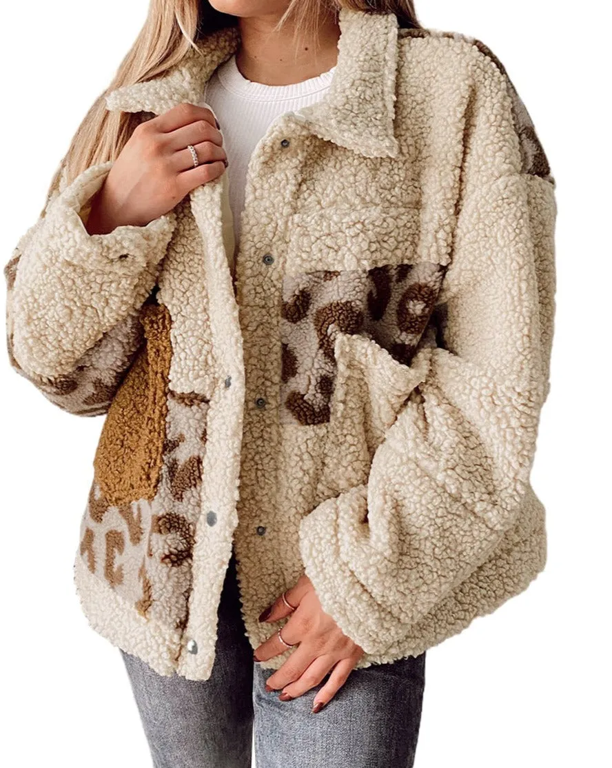 Leopard Sherpa Snap Buttons Jacket