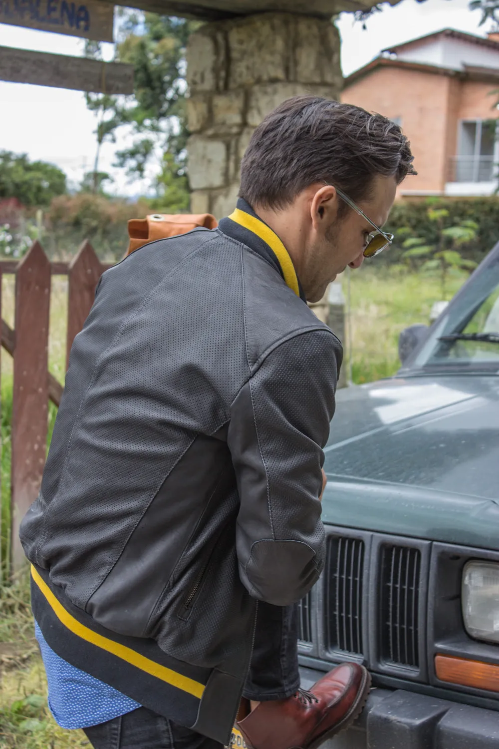 LUXUS Bomber Jacket in Perforated Leather Black - Yellow Stripe