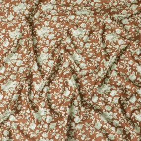 Medium pearwood brown printed cotton satin with green prints in floral design-D11266