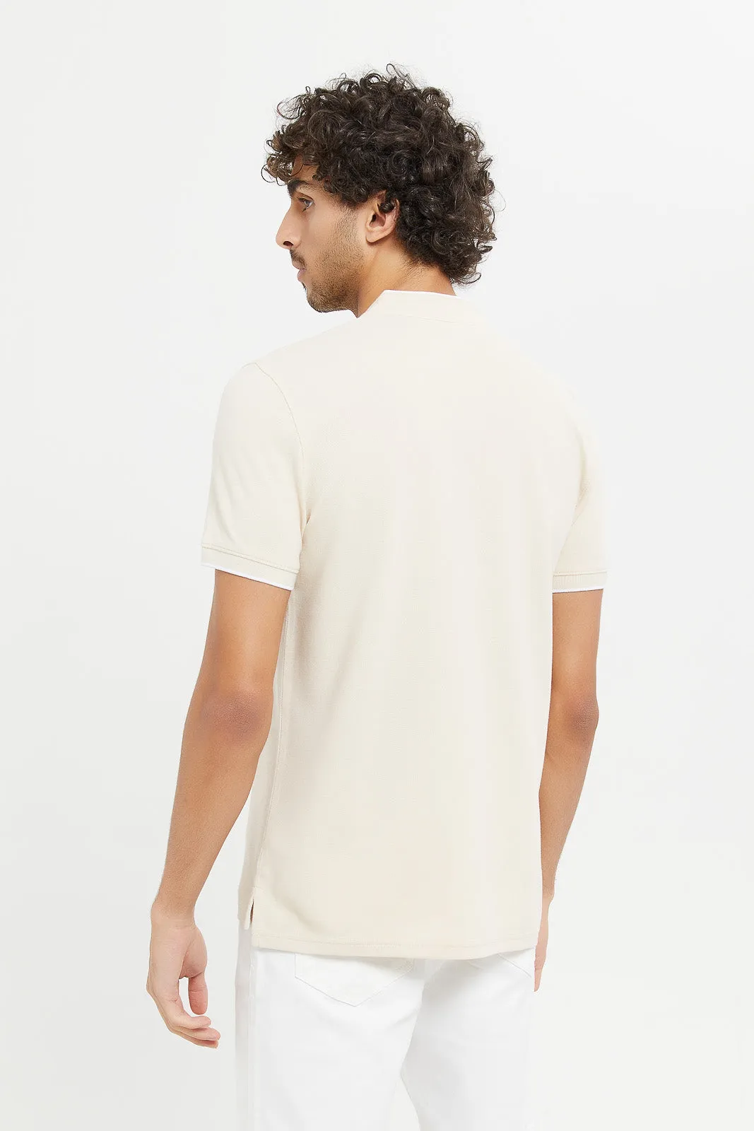 Men Beige Standup Collar Polo Shirt