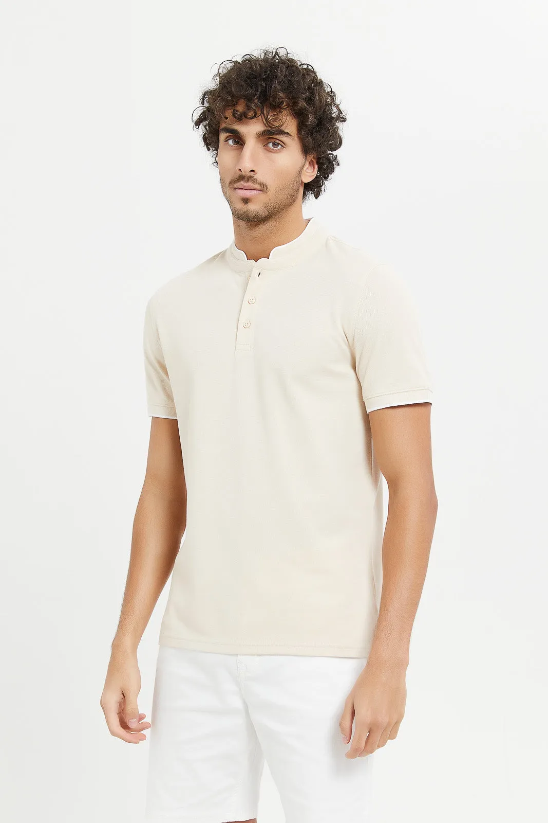 Men Beige Standup Collar Polo Shirt